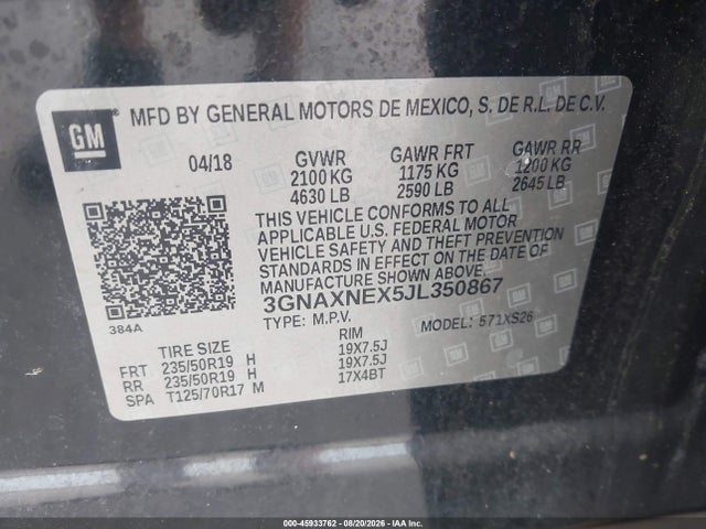 45933762 :رقم المزاد ، 3GNAXNEX5JL350867 vin ، 2018 Chevrolet Equinox Premier مزاد بيع