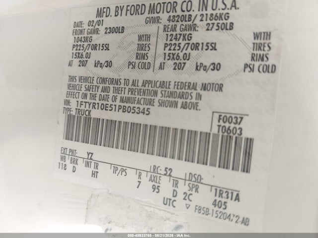 Продаж на аукціоні авто 2001 Ford Ranger Edge, vin: 1FTYR10E51PB05345, номер лоту: 45933765