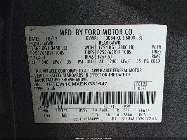 Aukcja sprzedaży 2013 Ford F-150 Xlt, vin: 1FTEW1CMXDKG31647, numer aukcji: 45933773
