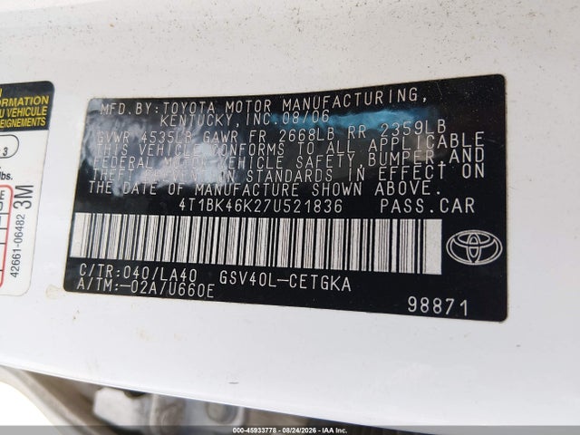 2007 Toyota Camry Xle V6 მანქანა იყიდება აუქციონზე, vin: 4T1BK46K27U521836, აუქციონის ნომერი: 45933778