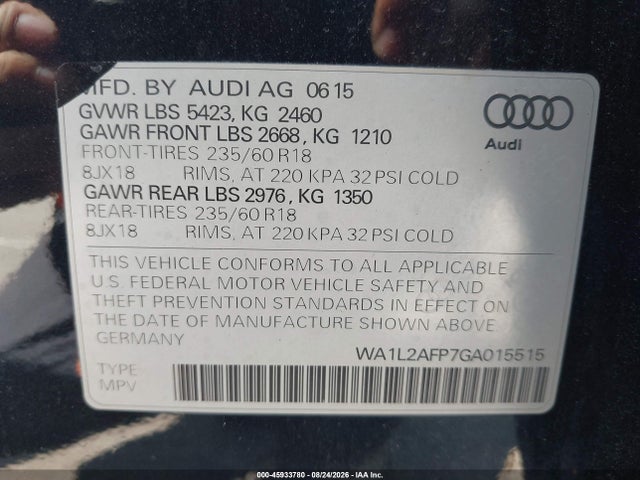 2016 Audi Q5 2.0t Premium მანქანა იყიდება აუქციონზე, vin: WA1L2AFP7GA015515, აუქციონის ნომერი: 45933780