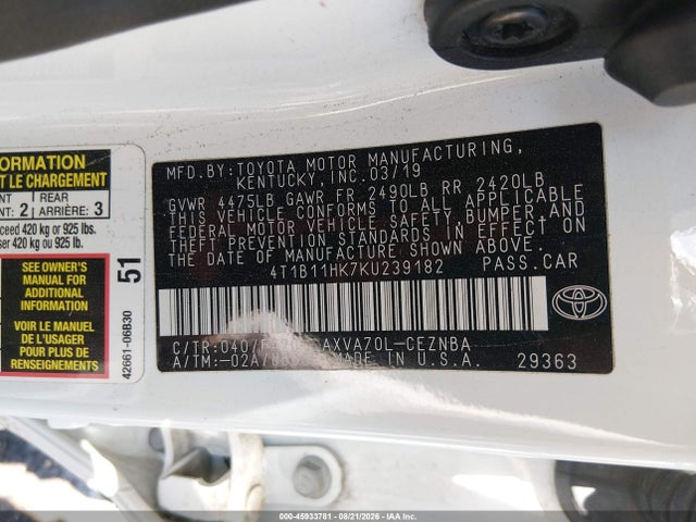Aukcja sprzedaży 2019 Toyota Camry Le, vin: 4T1B11HK7KU239182, numer aukcji: 45933781
