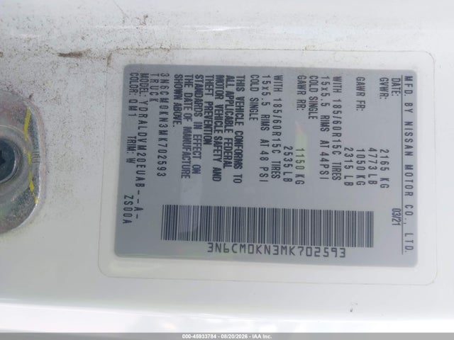3N6CM0KN3MK702593 Nissan Nv200 Cargo S Xtronic Cvt