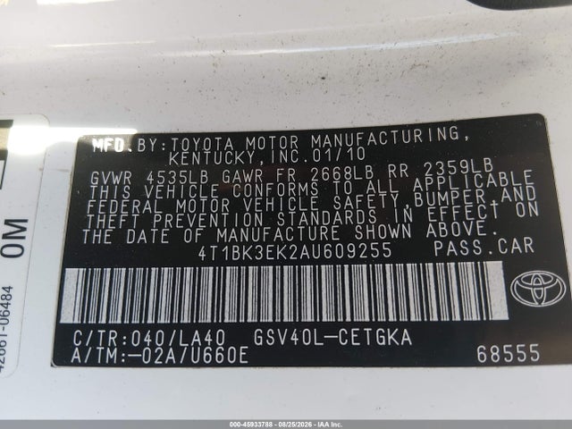45933788 :رقم المزاد ، 4T1BK3EK2AU609255 vin ، 2010 Toyota Camry Xle V6 مزاد بيع