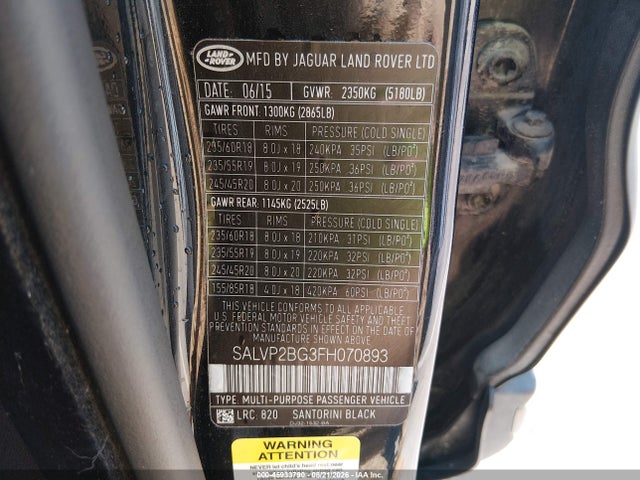Aukcja sprzedaży 2015 Land Rover Range Rover Evoque Pure, vin: SALVP2BG3FH070893, numer aukcji: 45933790