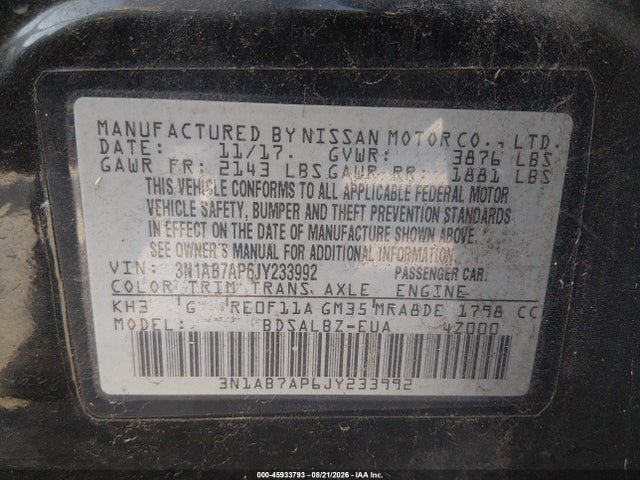 Aukcja sprzedaży 2018 Nissan Sentra S, vin: 3N1AB7AP6JY233992, numer aukcji: 45933793