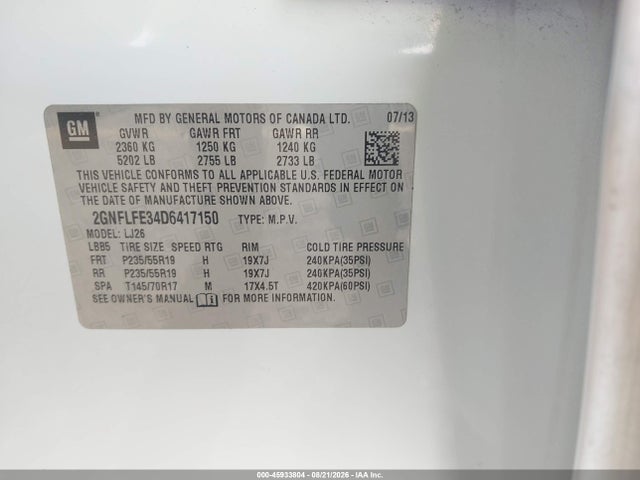 2013 Chevrolet Equinox Ltz მანქანა იყიდება აუქციონზე, vin: 2GNFLFE34D6417150, აუქციონის ნომერი: 45933804