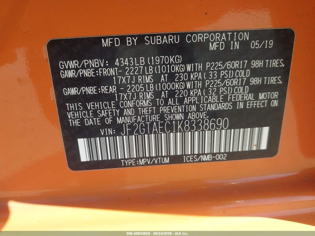 Продаж на аукціоні авто 2019 Subaru Crosstrek 2.0i Premium, vin: JF2GTAEC1K8338690, номер лоту: 45933808