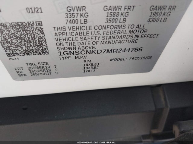Aukcja sprzedaży 2021 Chevrolet Tahoe 2wd Lt, vin: 1GNSCNKD7MR244766, numer aukcji: 45933847