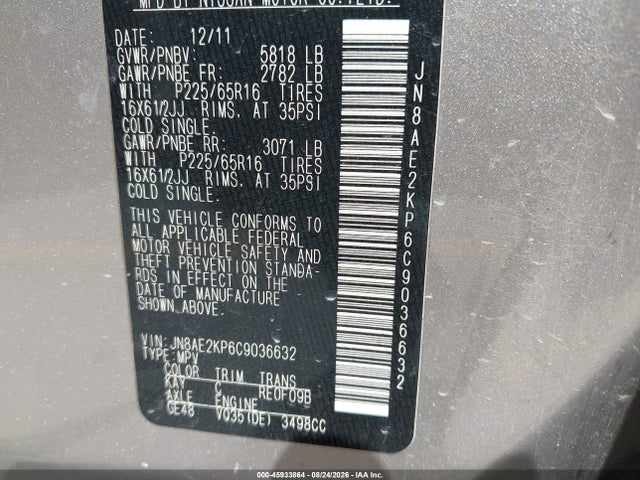 45933864 :رقم المزاد ، JN8AE2KP6C9036632 vin ، 2012 Nissan Quest S مزاد بيع