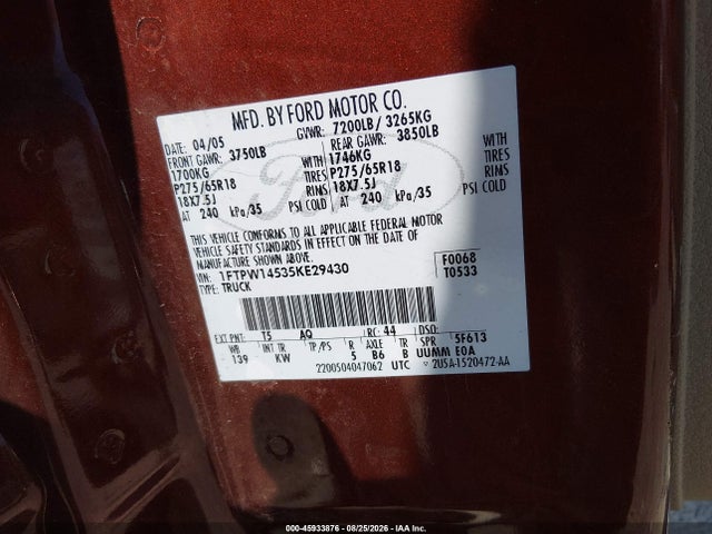 Продажа на аукционе авто 2005 Ford F-150 Fx4/lariat/xlt, vin: 1FTPW14535KE29430, номер лота: 45933876