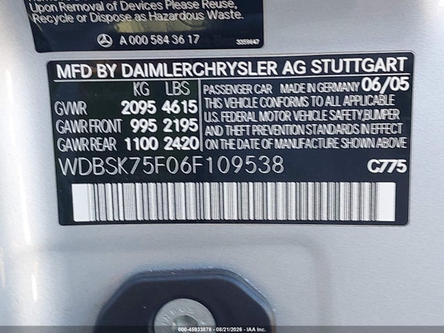 45933878 :رقم المزاد ، WDBSK75F06F109538 vin ، 2006 Mercedes-benz Sl 500 مزاد بيع