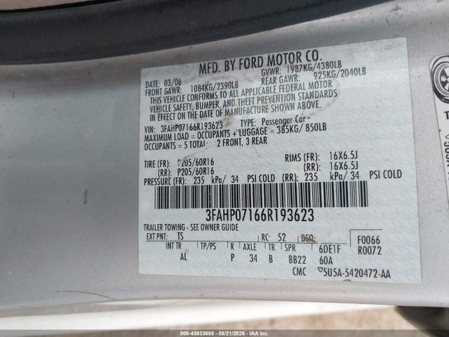 Продаж на аукціоні авто 2006 Ford Fusion Se, vin: 3FAHP07166R193623, номер лоту: 45933885