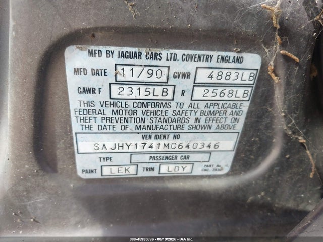 Продаж на аукціоні авто 1991 Jaguar Xj6 Sovereign, vin: SAJHY1741MC640346, номер лоту: 45933896