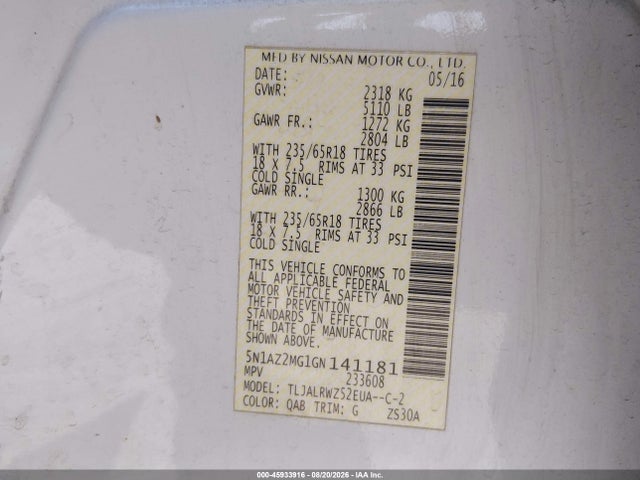 5N1AZ2MG1GN141181 Nissan MURANO SL