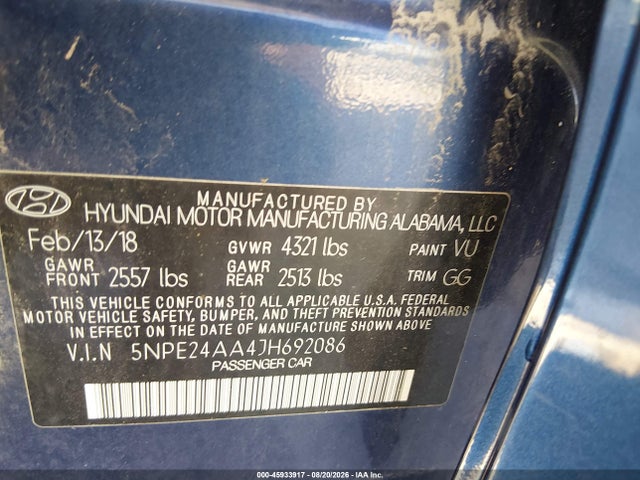 45933917 :رقم المزاد ، 5NPE24AA4JH692086 vin ، 2018 Hyundai Sonata Eco مزاد بيع