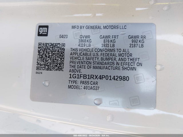 Aukcja sprzedaży 2023 Chevrolet Camaro Rwd  1lt, vin: 1G1FB1RX4P0142980, numer aukcji: 45933922