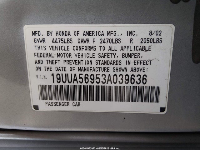 Продаж на аукціоні авто 2003 Acura Tl 3.2 Type S, vin: 19UUA56953A039636, номер лоту: 45933923