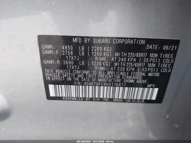 2022 Subaru Outback Premium მანქანა იყიდება აუქციონზე, vin: 4S4BTAFC8N3116877, აუქციონის ნომერი: 45933927