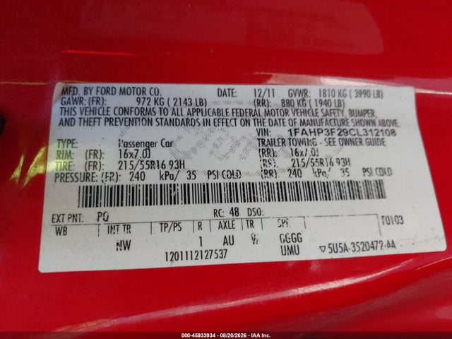 Aukcja sprzedaży 2012 Ford Focus Se, vin: 1FAHP3F29CL312108, numer aukcji: 45933934