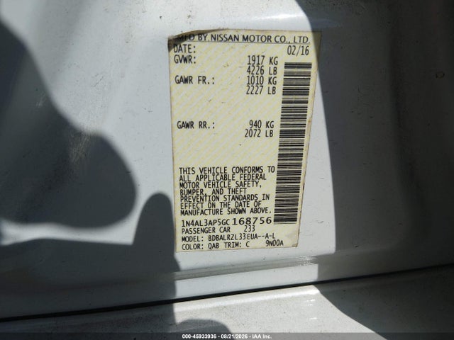 2016 Nissan Altima 2.5 Sl მანქანა იყიდება აუქციონზე, vin: 1N4AL3AP5GC168756, აუქციონის ნომერი: 45933936