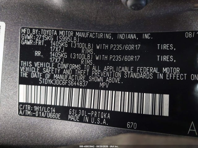 45933942 :رقم المزاد ، 5TDYK3DC6FS644837 vin ، 2015 Toyota Sienna Xle 8 Passenger مزاد بيع