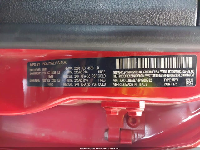 Aukcja sprzedaży 2017 Jeep Renegade Sport, vin: ZACCJBAB7HPG09212, numer aukcji: 45933952