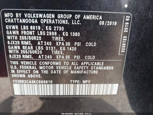 45933955 :رقم المزاد ، 1V2RR2CA9KC593810 vin ، 2019 Volkswagen Atlas 3.6l V6 Sel R-line مزاد بيع