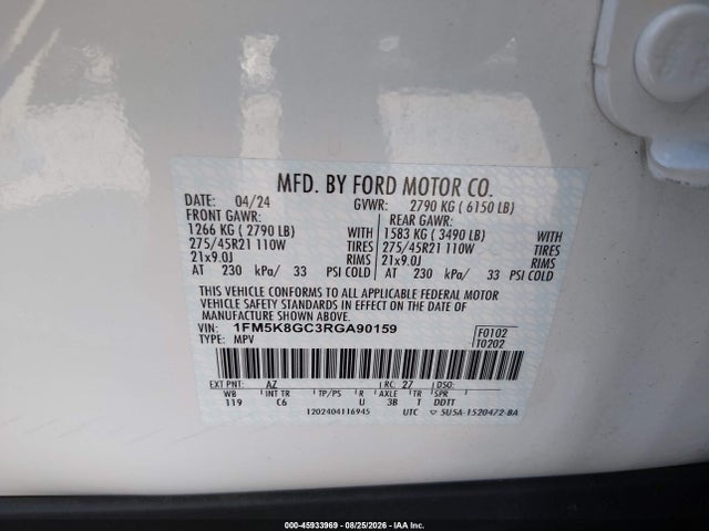 Aukcja sprzedaży 2024 Ford Explorer St, vin: 1FM5K8GC3RGA90159, numer aukcji: 45933969