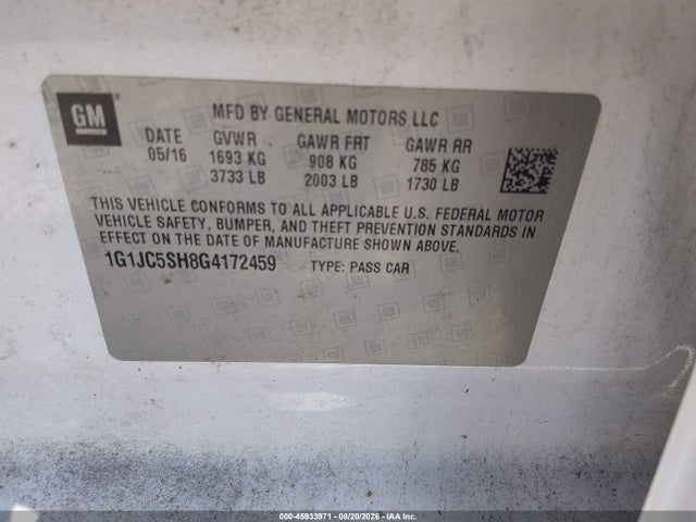 45933971 :رقم المزاد ، 1G1JC5SH8G4172459 vin ، 2016 Chevrolet Sonic Lt Auto مزاد بيع