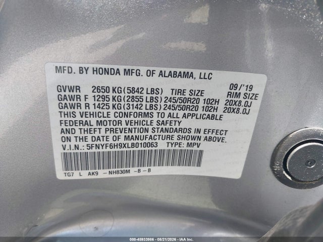 Aukcja sprzedaży 2020 Honda Pilot Awd Touring 8 Passenger, vin: 5FNYF6H9XLB010063, numer aukcji: 45933986