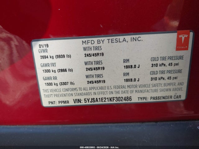 Продажа на аукционе авто 2019 Tesla Model S 100d/75d/long Range/standard Range, vin: 5YJSA1E21KF302486, номер лота: 45933993