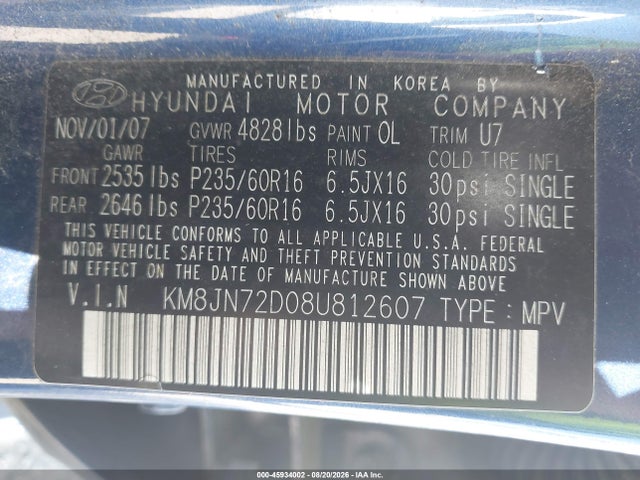 2008 Hyundai Tucson Limited V6/se მანქანა იყიდება აუქციონზე, vin: KM8JN72D08U812607, აუქციონის ნომერი: 45934002