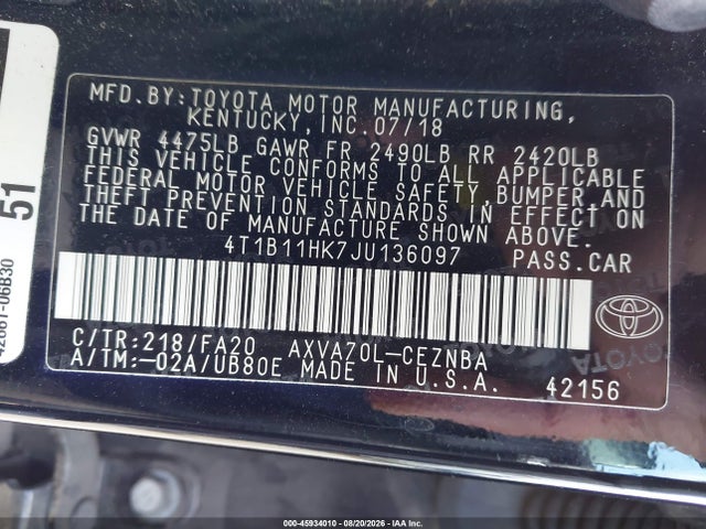 2018 Toyota Camry Le მანქანა იყიდება აუქციონზე, vin: 4T1B11HK7JU136097, აუქციონის ნომერი: 45934010
