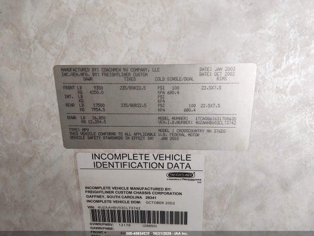 Aukcja sprzedaży 2003 Freightliner Chassis X Line Motor Home, vin: 4UZAAHBV03CL73742, numer aukcji: 45934028