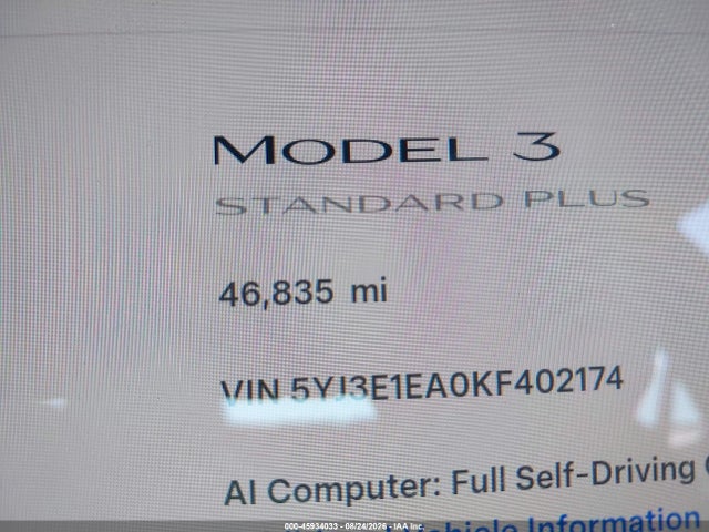 Продаж на аукціоні авто 2019 Tesla Model 3 Long Range/mid Range/standard Range/standard Range Plus, vin: 5YJ3E1EA0KF402174, номер лоту: 45934033