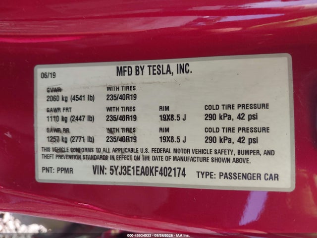 Продаж на аукціоні авто 2019 Tesla Model 3 Long Range/mid Range/standard Range/standard Range Plus, vin: 5YJ3E1EA0KF402174, номер лоту: 45934033
