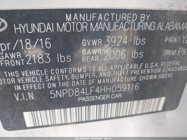 5NPD84LF4HH059116 Hyundai Elantra Limited