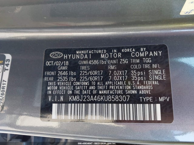 2019 Hyundai Tucson Se მანქანა იყიდება აუქციონზე, vin: KM8J23A46KU858307, აუქციონის ნომერი: 45934047