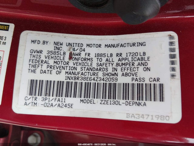 45934078 :رقم المزاد ، 1NXBR38E64Z342059 vin ، 2004 Toyota Corolla Le مزاد بيع