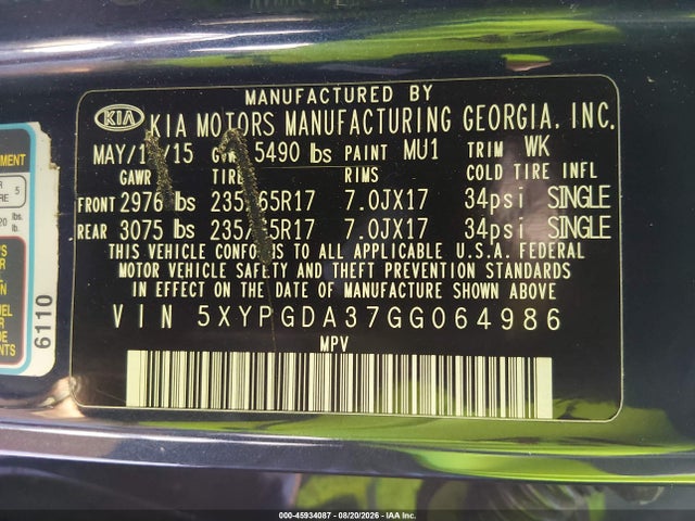KIA Sorento 2.4l Lx 2016 5XYPGDA37GG064986 Image 9