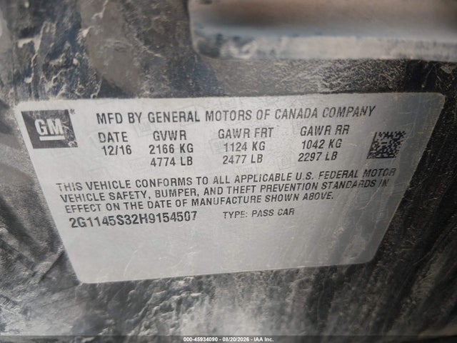 2017 Chevrolet Impala 2lz მანქანა იყიდება აუქციონზე, vin: 2G1145S32H9154507, აუქციონის ნომერი: 45934090
