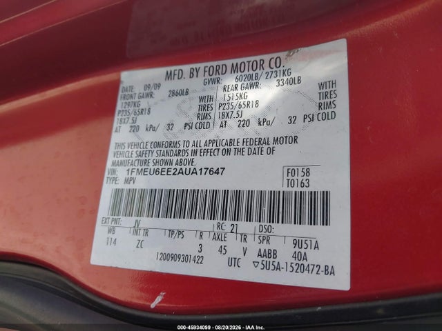 2010 Ford Explorer Eddie Bauer მანქანა იყიდება აუქციონზე, vin: 1FMEU6EE2AUA17647, აუქციონის ნომერი: 45934099