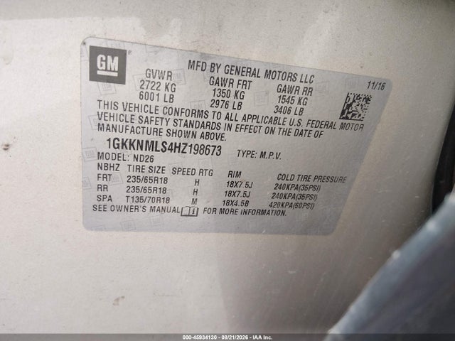 45934130 :رقم المزاد ، 1GKKNMLS4HZ198673 vin ، 2017 Gmc Acadia Slt-1 مزاد بيع