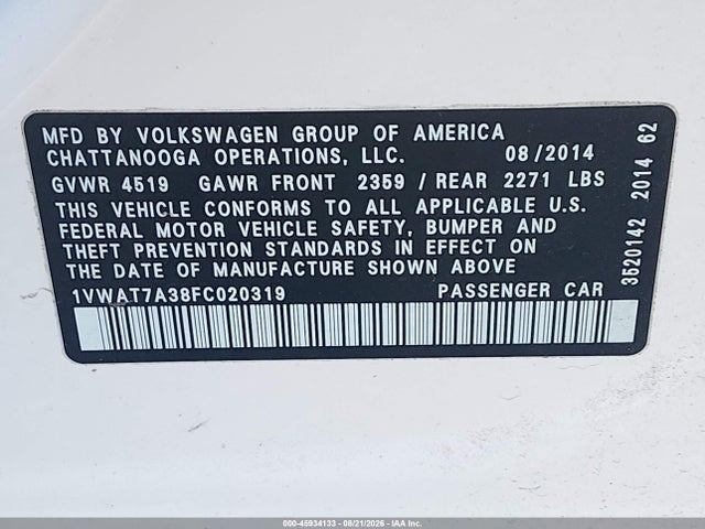 45934133 :رقم المزاد ، 1VWAT7A38FC020319 vin ، 2015 Volkswagen Passat 1.8t Wolfsburg Edition مزاد بيع