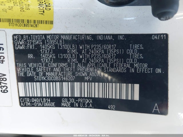 Продаж на аукціоні авто 2011 Toyota Sienna Xle V6, vin: 5TDYK3DC0BS146207, номер лоту: 45934136