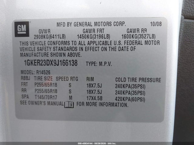Aukcja sprzedaży 2009 Gmc Acadia Slt1, vin: 1GKER23DX9J166138, numer aukcji: 45934144
