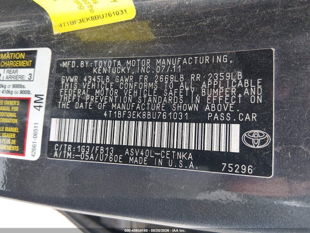 Продажа на аукционе авто 2011 Toyota Camry Le, vin: 4T1BF3EK8BU761031, номер лота: 45934180