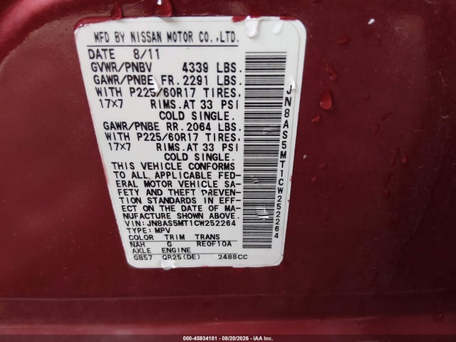 45934181 :رقم المزاد ، JN8AS5MT1CW252264 vin ، 2012 Nissan Rogue Sv مزاد بيع