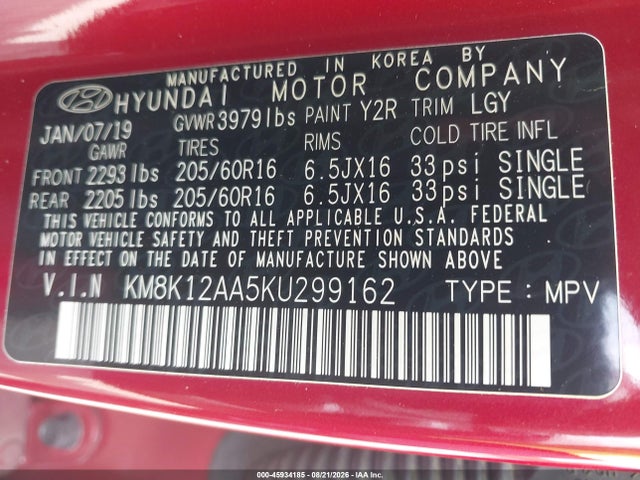 45934185 :رقم المزاد ، KM8K12AA5KU299162 vin ، 2019 Hyundai Kona Se مزاد بيع